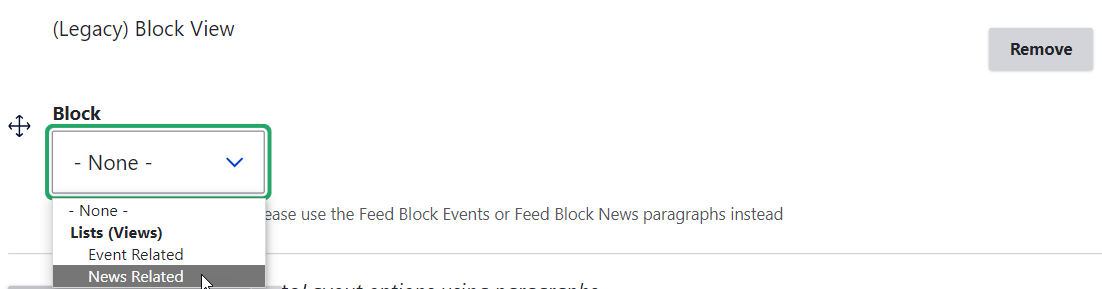 Selecting Either News Related or Events Related Block View Menu Item
