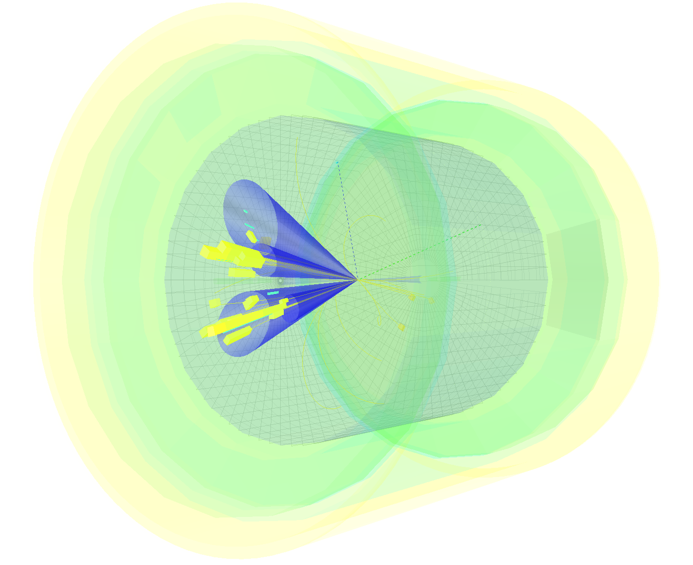 A visualization of a muon-proton collision producing a pair of charm quarks by a mechanism excluding the Higgs particle