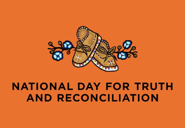 illustrated pair of children’s moccasins set between woodland forget-me-not flowers | Text: "National Day for Truth and Reconciliation"