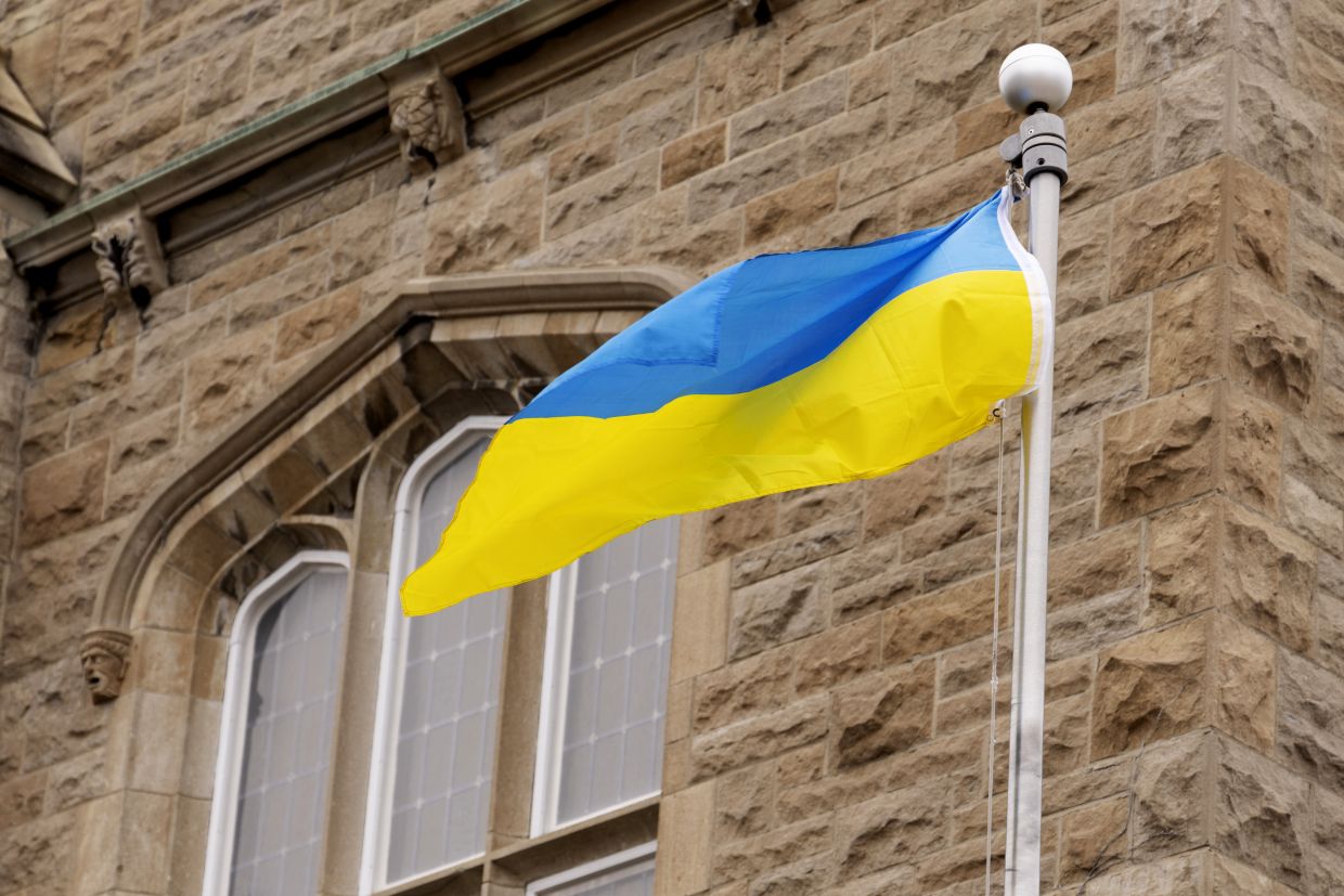 Ukrainian flag outside of the John Deutsch University Centre (JDUC)