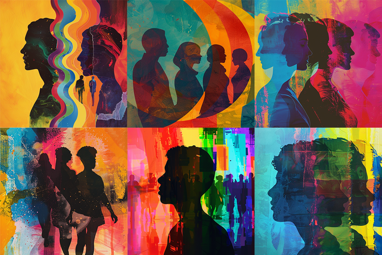 Composite image comprised of six squares with silhouettes of people