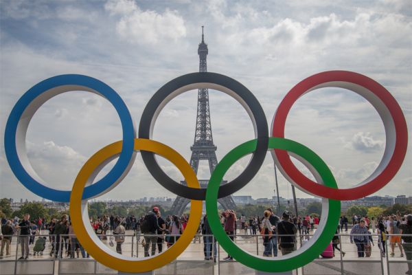 View of the Eiffel Tower through the Olympic rings