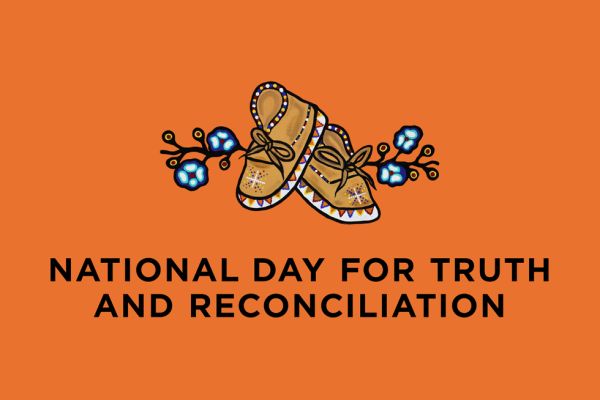 illustrated pair of children’s moccasins set between woodland forget-me-not flowers | Text: "National Day for Truth and Reconciliation"