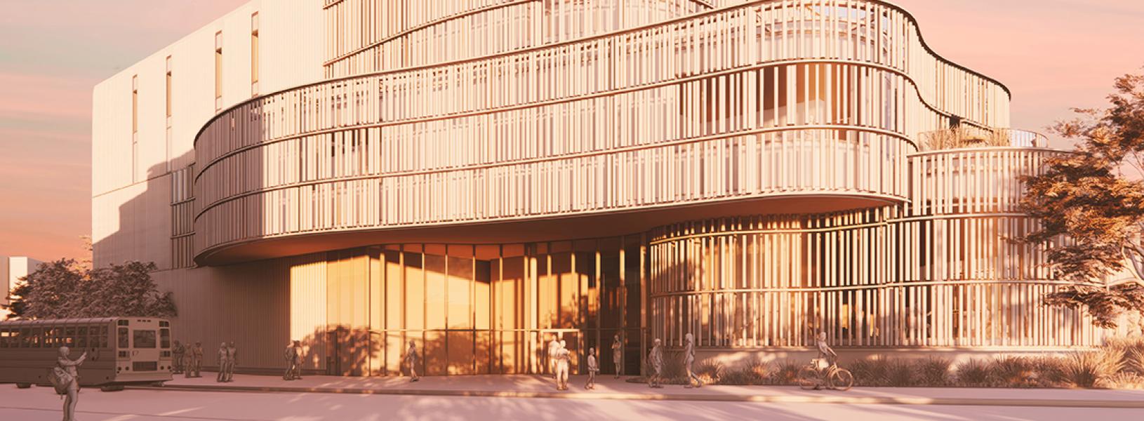 Artist rendering of Agnes Reimagined, a three storeyed building featuring curved walls and floor-to-ceiling windows.