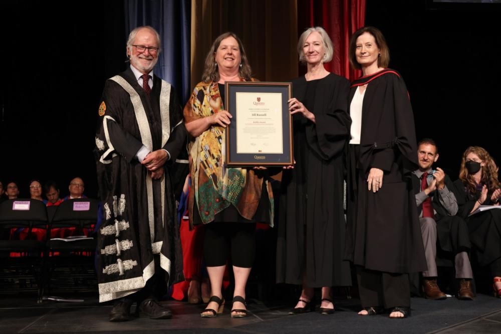 Left to right: Principal Patrick Deane, Baillie Award recipient Jill Russell, Dean Barbara Crow, and Dean Ann Tierney.