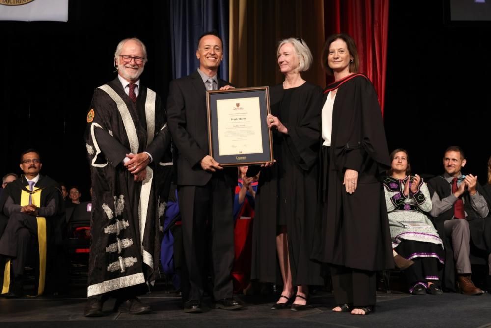 Left to right: Principal Patrick Deane, Baillie Award recipient Mark Mamo, Faculty of Arts and Science Dean Barbara Crow, Vice-Provost and Dean of Student Affairs Ann Tierney.