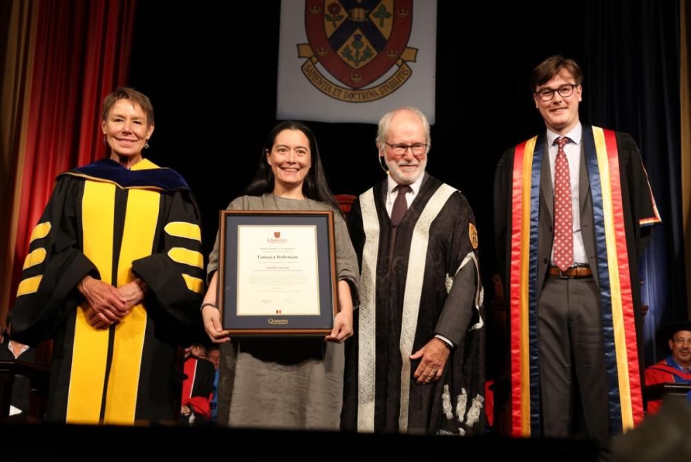 Left to right: Interim Provost and Vice-Principal (Academic) Teri Shearer, Baillie Award recipient Tamara Doleman, Principal and Vice-Chancellor Patrick Deane, and Rector Owen Crawford-Lem.