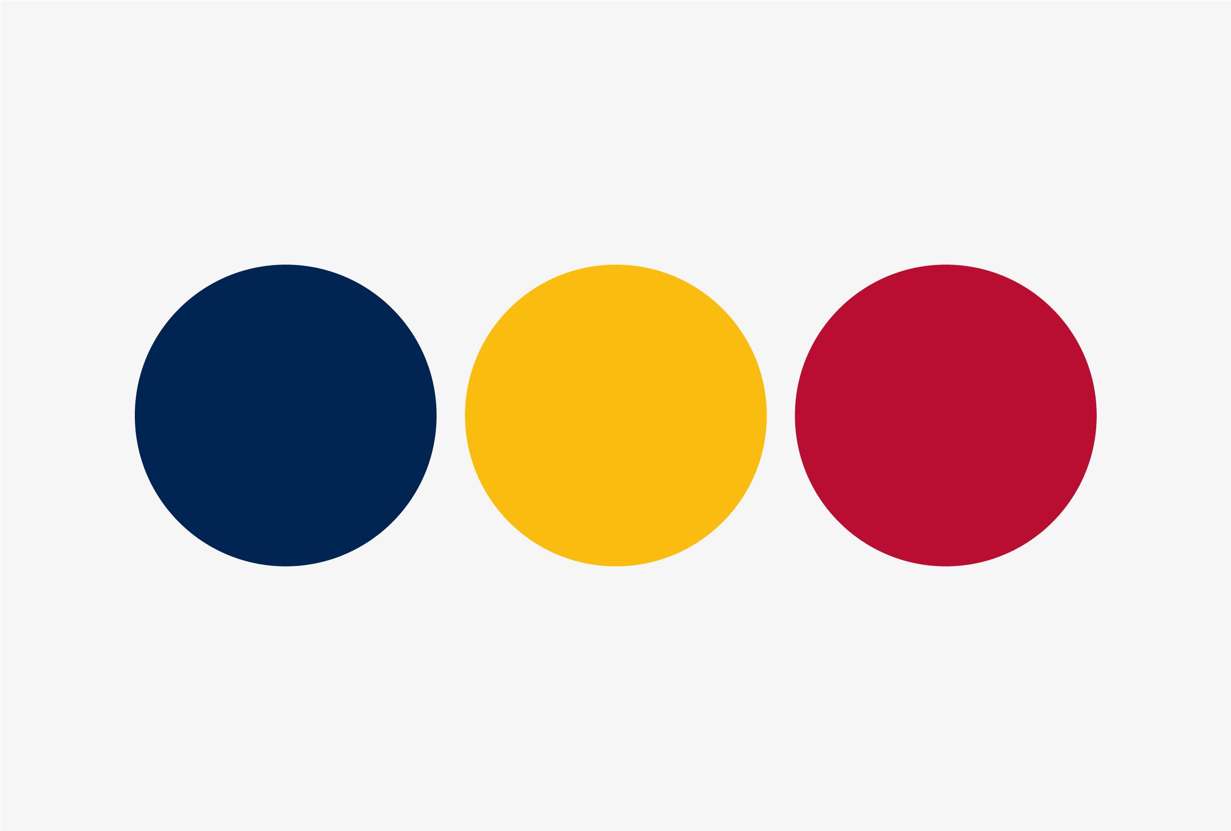 Circular swatches of the Queen's primary colours: blue, gold, and red