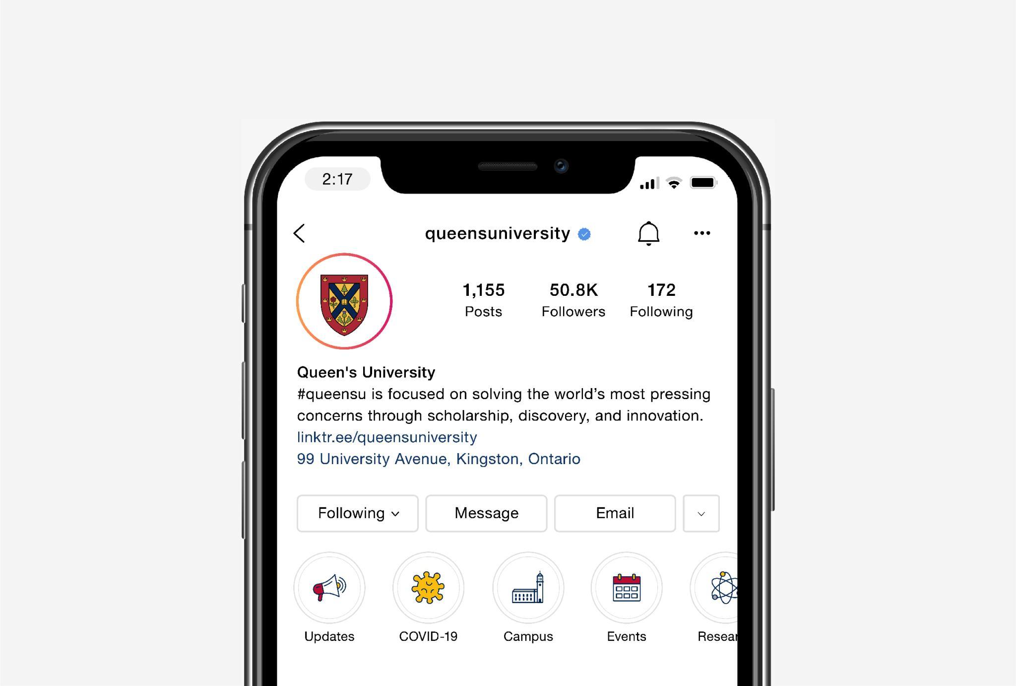 Mobile phone showing Queen's University Instagram bio