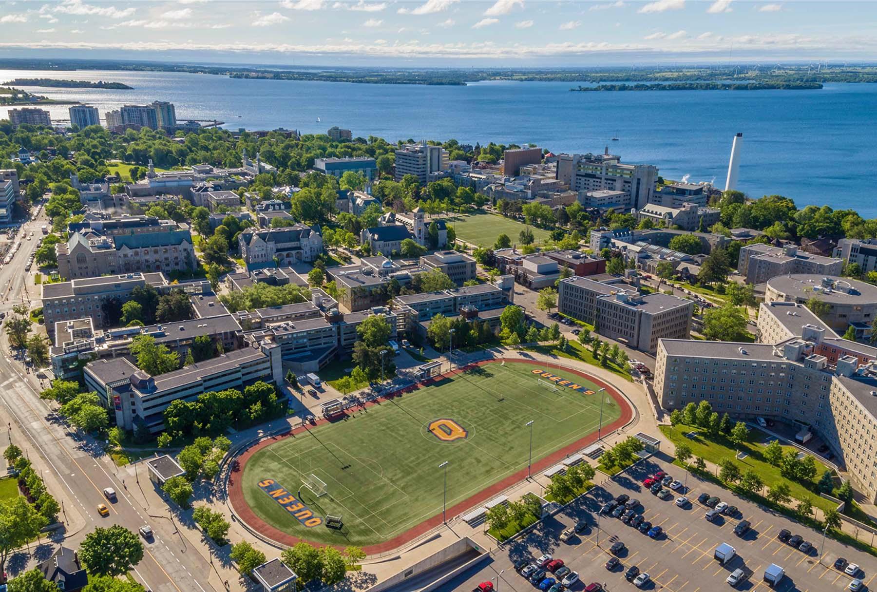 Drone photo of Queen's campus featuring Tindall field