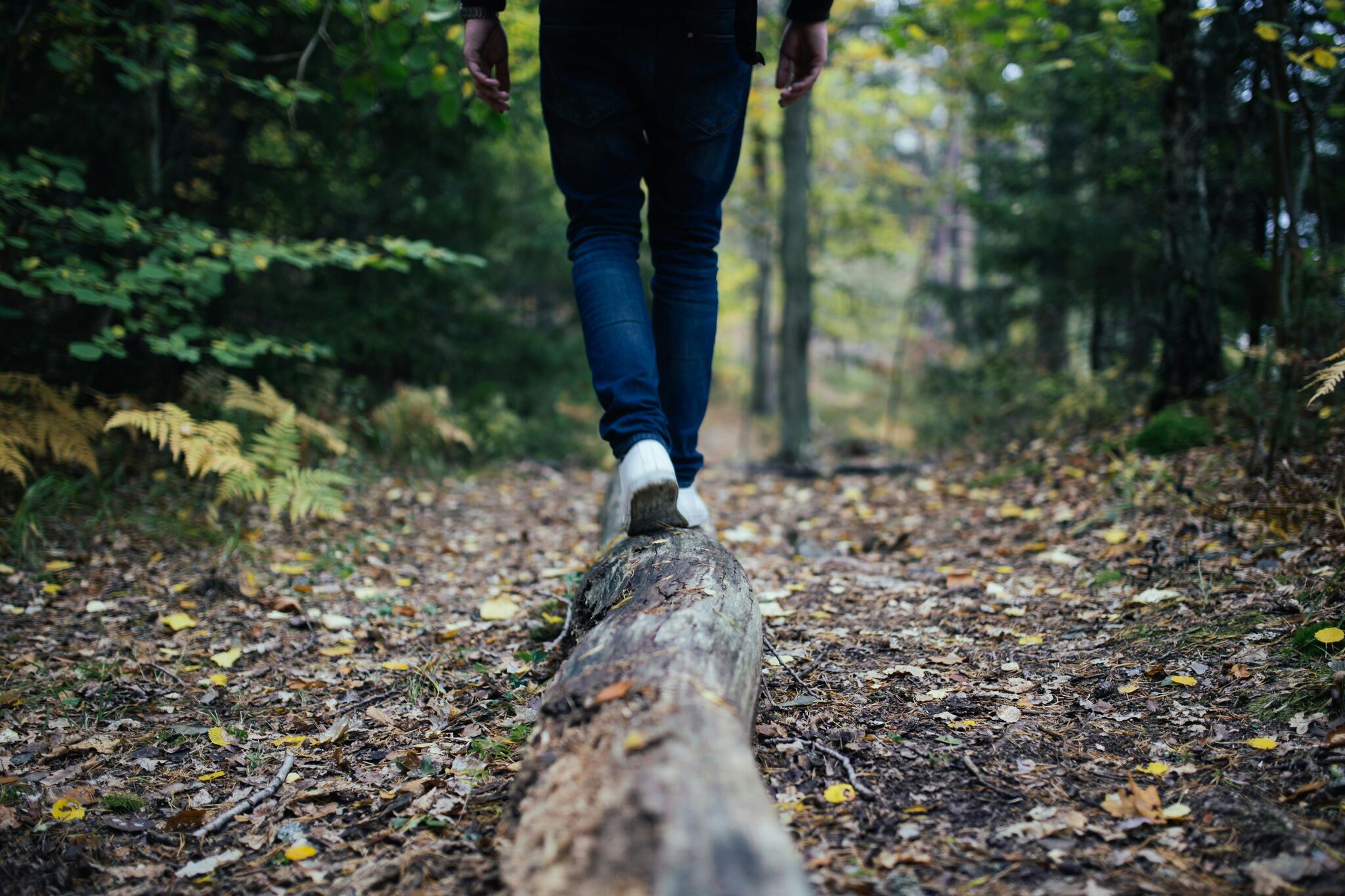 person walking along a log