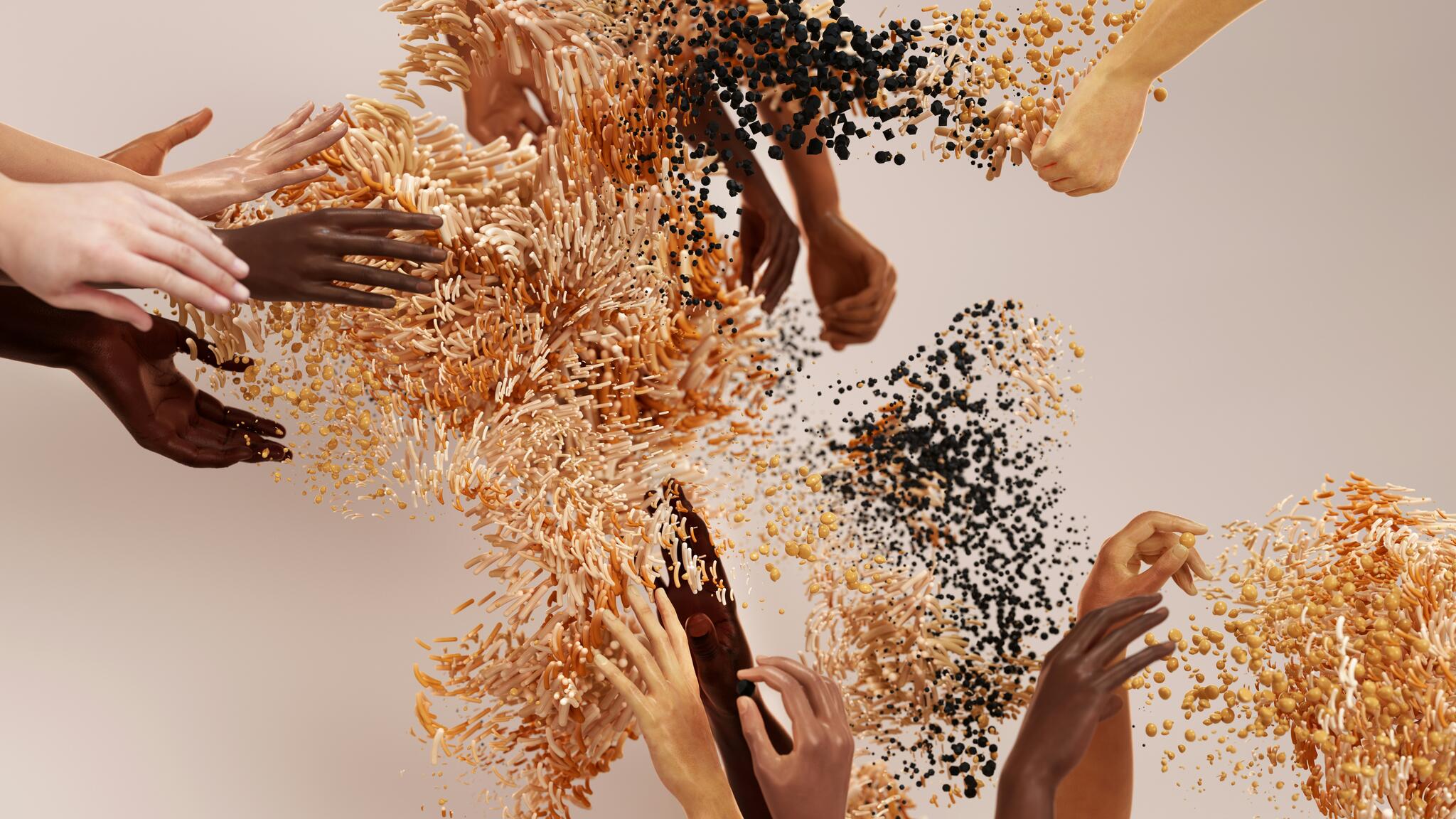 hands of different skin tones interacting with matter in a digital environment