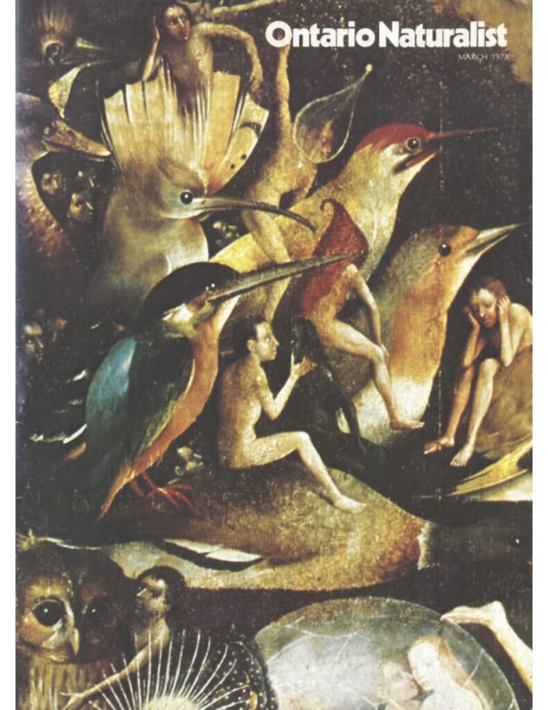 Cover of the Ontario Naturalist issue containing the Social Problems in Environmental Recovery lecture series transcripts. The cover displays a detail of colourfull birds and small human forms taken from the centre panel of Hieronymus Bosch's tryptic painting, Garden of Earthly Delights.