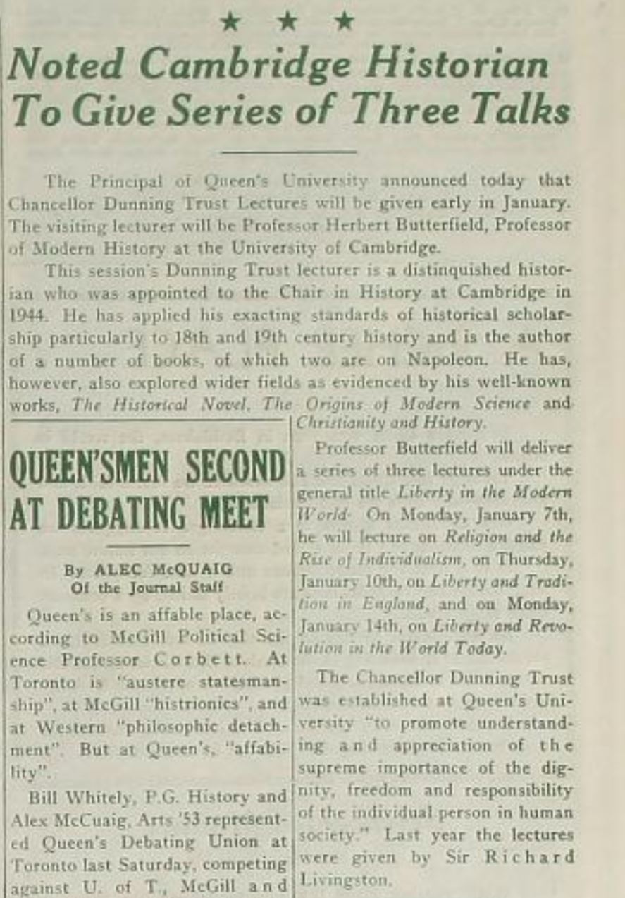 Article in the Queen’s Journal covering Butterfield’s lectures