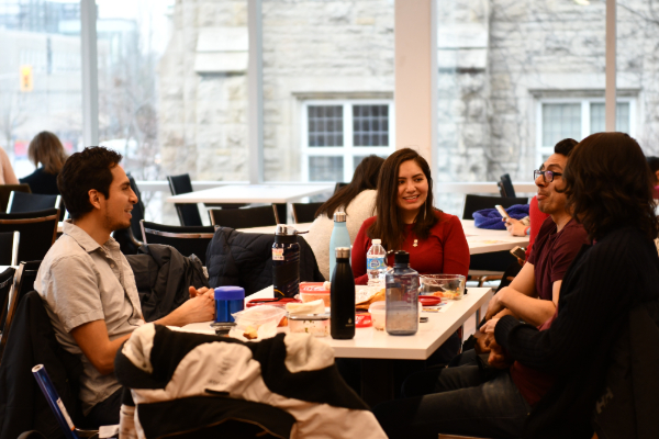 Students enjoying lunch in the new Queen's University International Centre at Mitchell Hall.