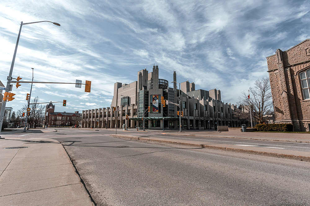 The intersection of University Avenue and Union Street. Stauffer Library visible on the corner.