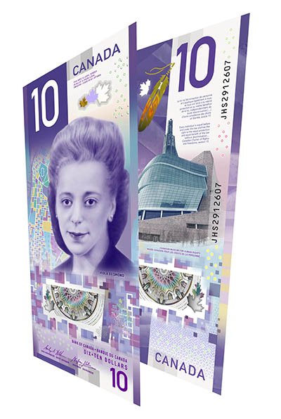 Front and back of $10 bill, featuring Viola Desmond - Bank of Canada photo]