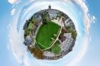 [Fisheye lens photo of Queen's campus]