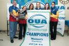 [Queen's Gaels women's curling team pose with the OUA banner and trophy]