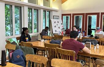 Students inside the main dining room at Queen's University Biological Station