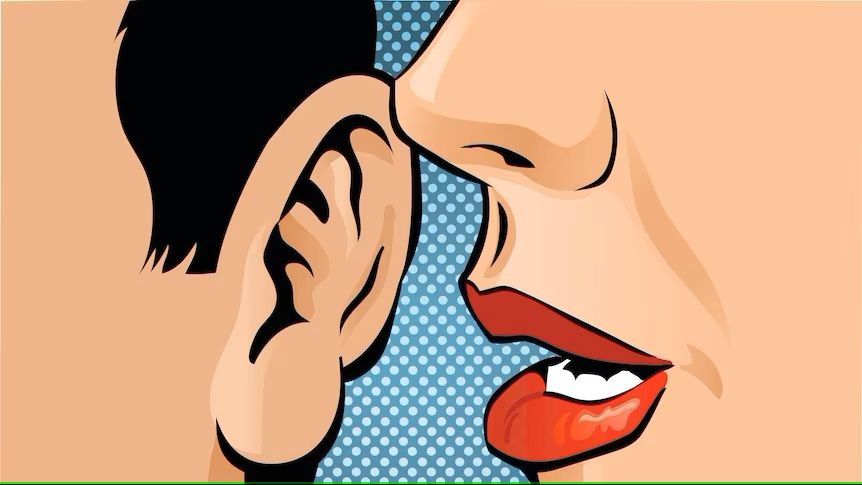 An image in the style of comic pop art of a close up of a woman whispering into a man's ear
