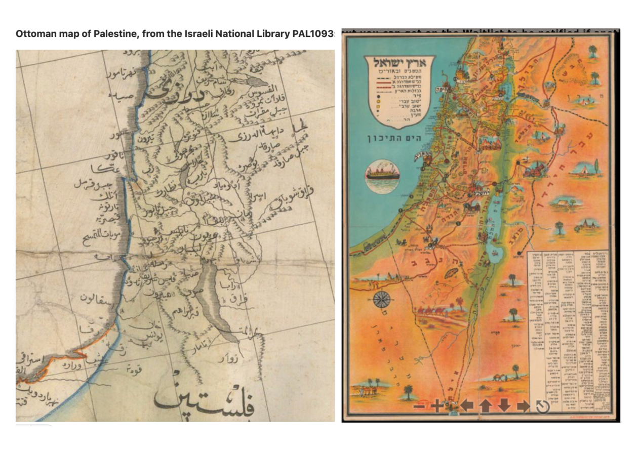 Two maps of Palestine. One Ottoman map, the other from 1950 Israeli