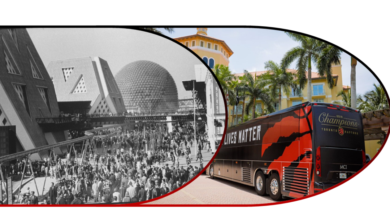 An image featuring a black and white photo of Exhibition Place in Toronto and a second image of a Toronto Raptors bus with the lives Black Lives Matter written on it