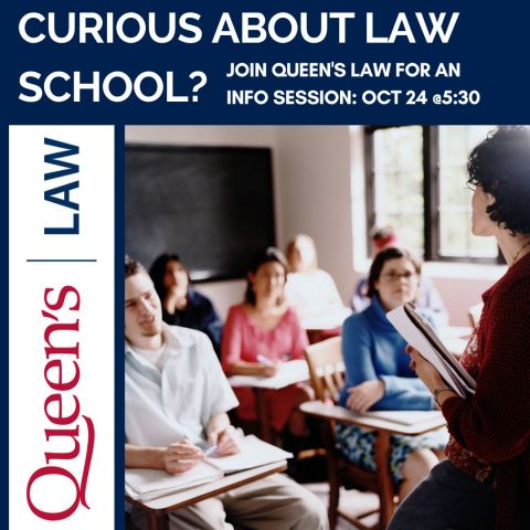 An image of students in a classroom with the Queen's Law logo