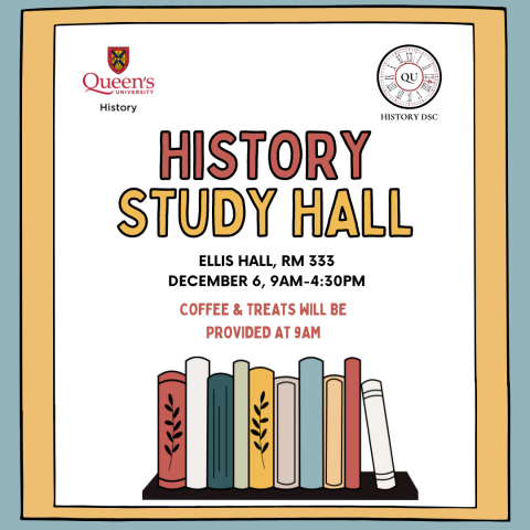A yellow and blue graphic with books on a shelf. Title above reads "History Study Hall: December 6, Ellis Hall room 333"