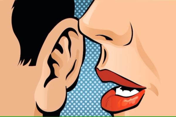 An image in the style of comic pop art of a close up of a woman whispering into a man's ear