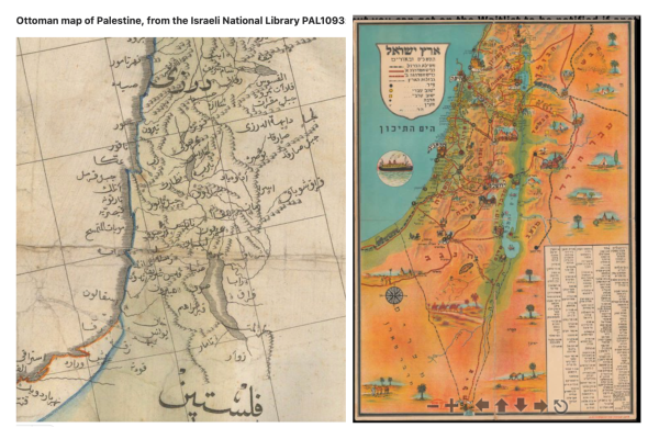 Two maps of Palestine. One Ottoman map, the other from 1950 Israeli