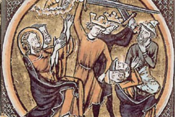 An image of a medieval manuscript representing the crusades where men with swords are slaying two men kneeling