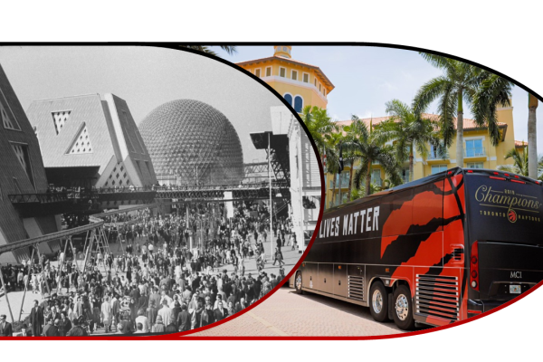 An image featuring a black and white photo of Exhibition Place in Toronto and a second image of a Toronto Raptors bus with the lives Black Lives Matter written on it