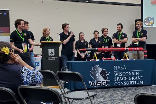 Q-AISES Rocket Team completes their final oral presentation for the judges at First Nations Launch. Queen’s placed first in Oral Presentations as well as in Written Reports this year, in addition to being the overall champion.
