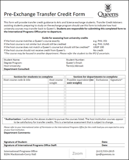 pre-exchange transfer credit form