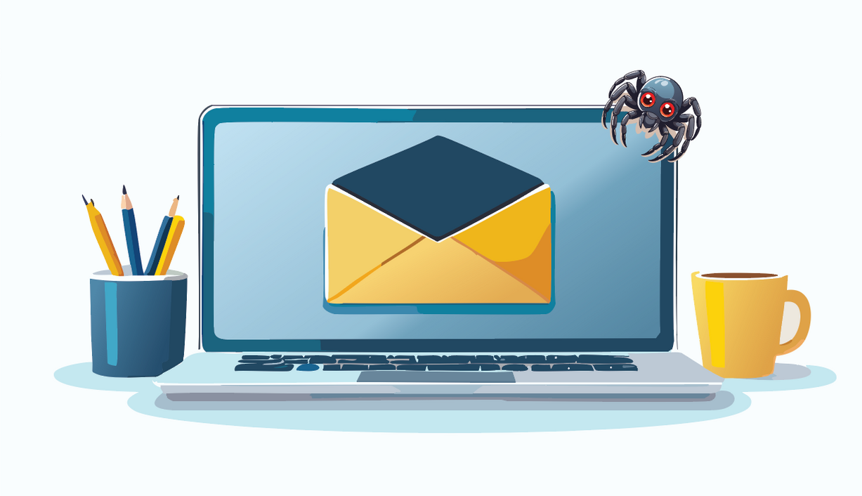 Animated picture of a laptop with an envelope icon on the screen. A spider is perched on the top right corner of the laptop screen