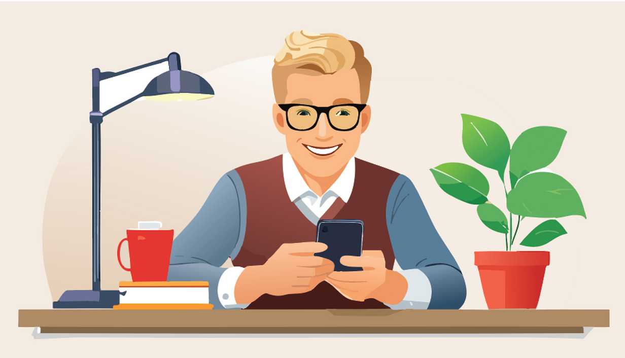 Animated picture of a man holding a phone and smiling