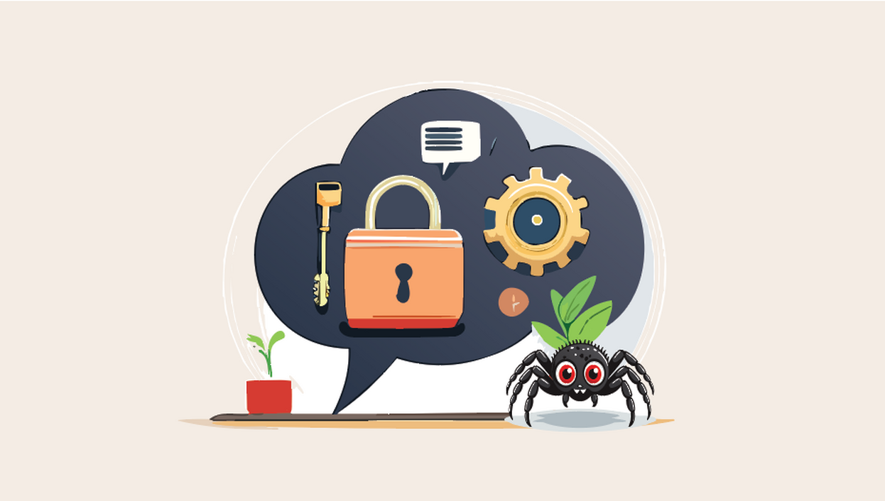 Animated picture of a thought bubble with a lock and other icons inside. A spider is sitting beside the bubble