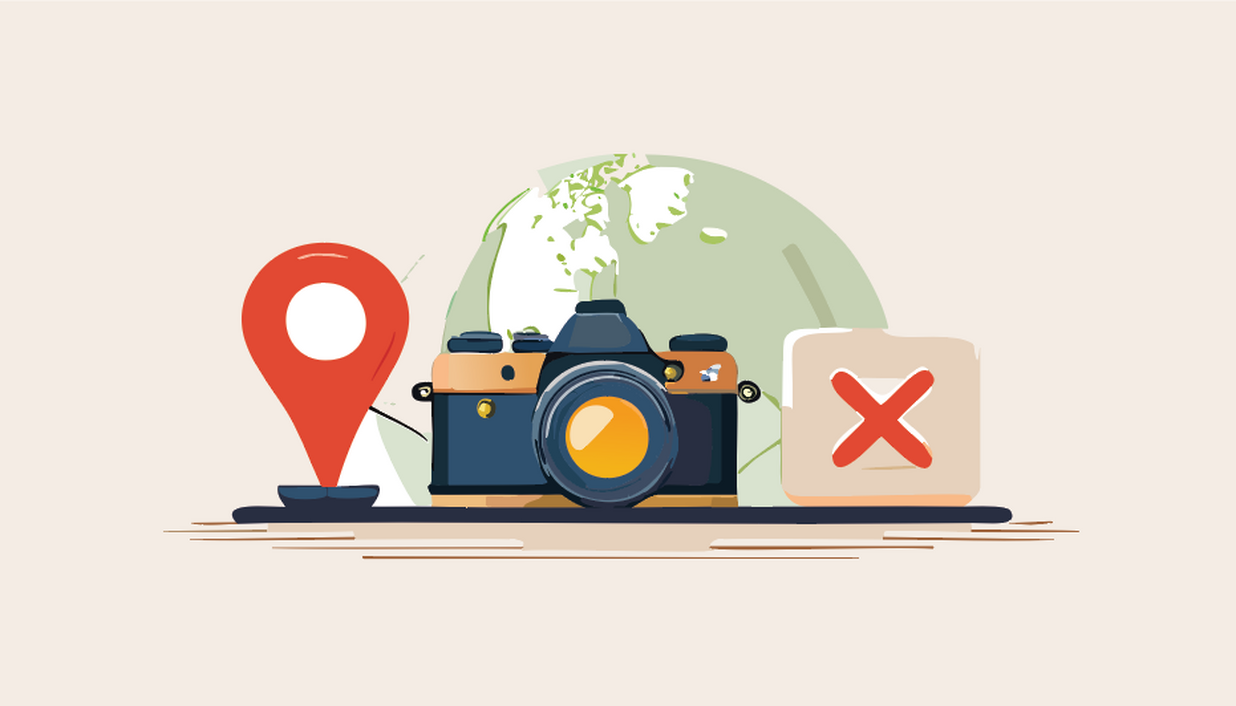 Animated picture with a camera, an "x," a location, and a globe icon