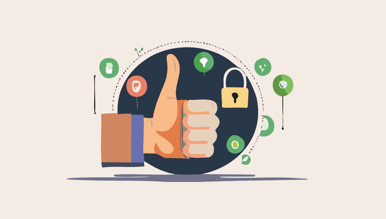 Animated picture of a thumbs up, with cybersecurity icons floating around the hand