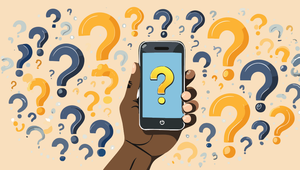 Animated picture of a cellphone surrounded by question marks