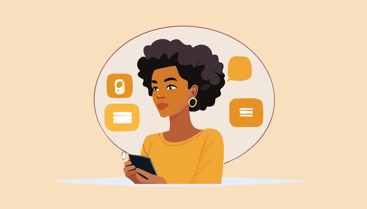 Animated picture of a woman holding her phone, looking satisfied