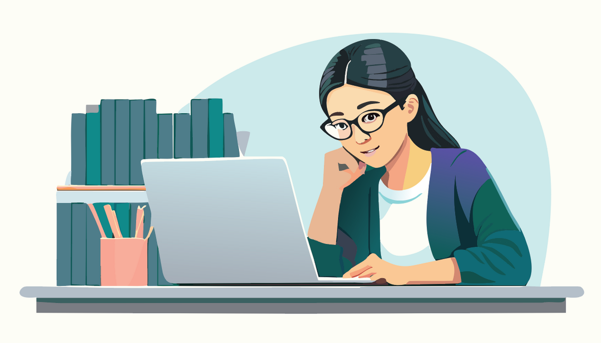 Animated picture of a girl in a library on her computer