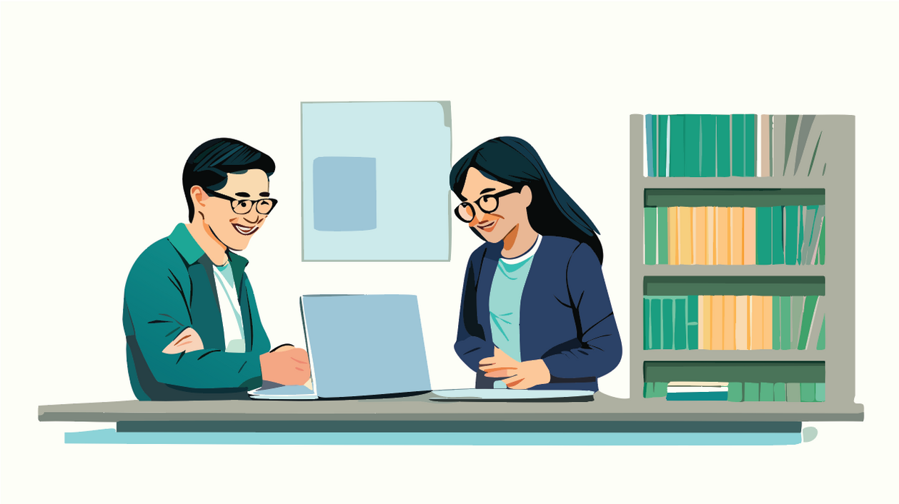 Animated picture of a girl speaking to an older man at a library