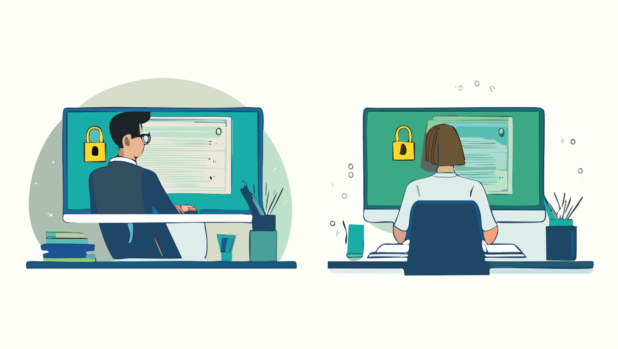 Animated picture of two IT professionals working on their computers. Lock icons float in the foreground of the picture