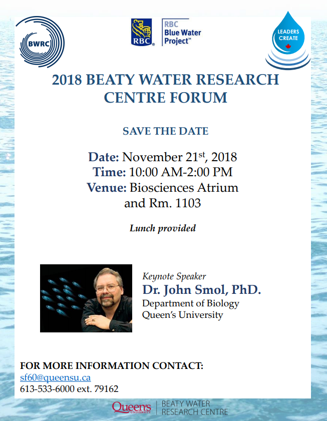 "An image advertising the 2018 BWRC research forum on November 21st 2018 with keynote speaker Dr. John Smol"