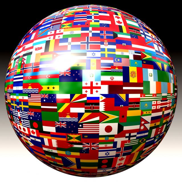 sphere with dozens of countries' flags superimposed