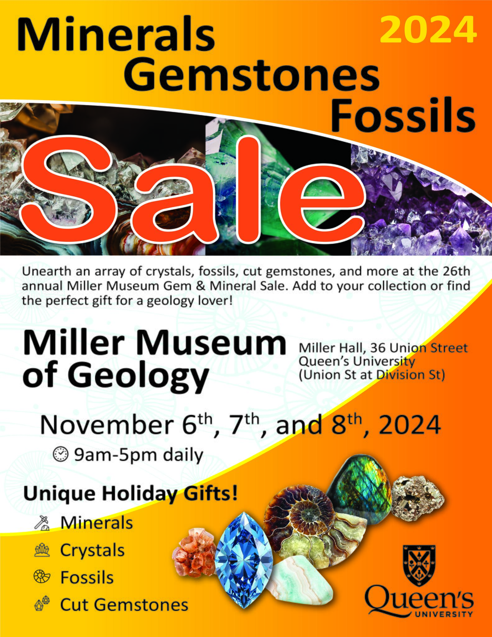 Miller Museum Gem and Mineral Sale Poster. Taking place at 36 Union Street, Kingston. November 6th-8th, 2024, 9am to 5pm daily.