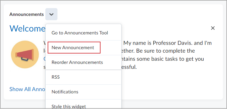 image: Click New Announcements from the Announcements drop-down menu