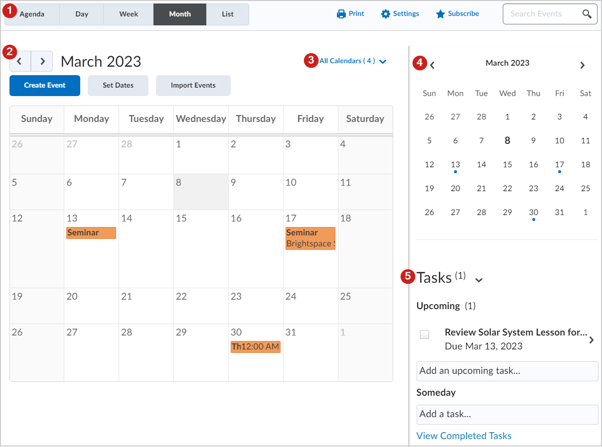 image: Overview of the Calendar tool interface